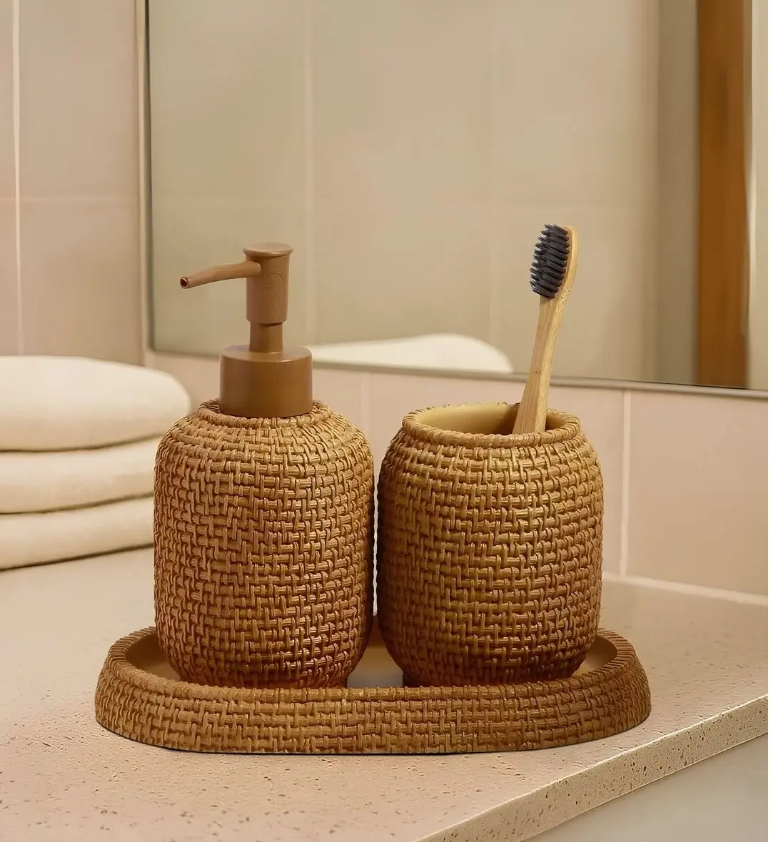 Bath Set 3pcs | Soap Dispenser, Toothbrush Holder & Tray – 4609 (Soap Dispenser: 8 × 8 × 16.8 cm (230 ml); Toothbrush H...